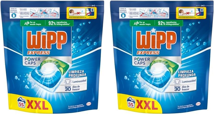 Wipp Express Power Caps Detergente en Cápsulas para Lavadora, 55 Dosis, Limpieza Profunda, Eficaz en Agua Fría (Paquete de 2)