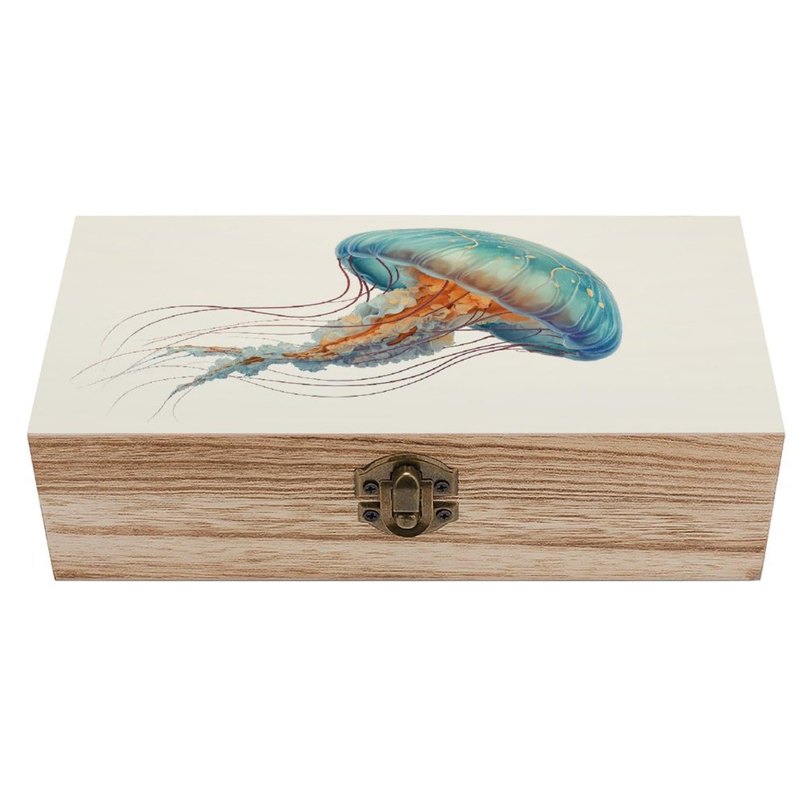 asbwuo Vintage Jellyfish Swimming Wooden Storage Box with Hinged Lid
