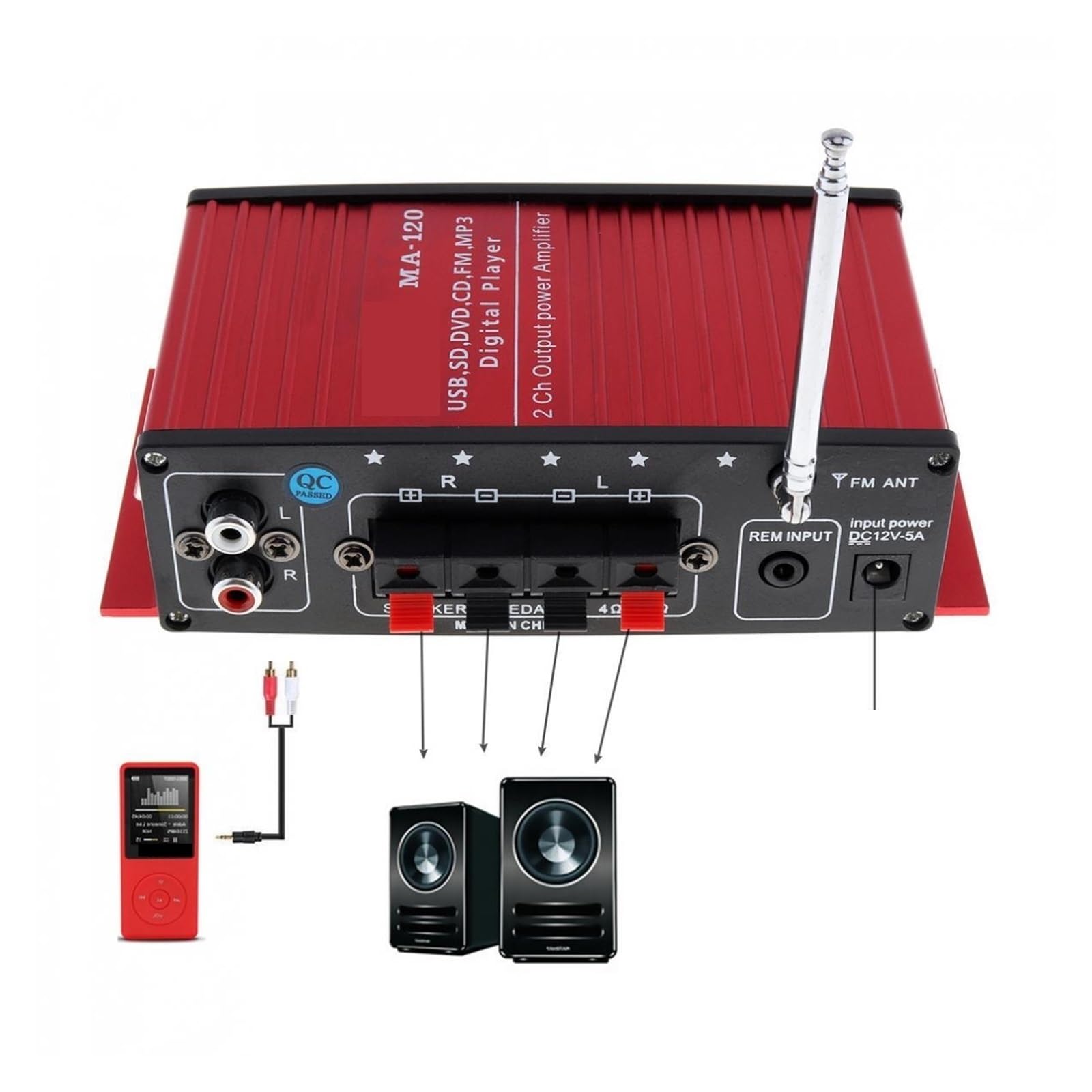 Wzmacniacz samochodowy HiFi 2-kanałowy wzmacniacz mocy wyjściowej Radio FM Odtwarzacz stereo Obsługa wejścia USB SD DVD MP3 z pilotem Precyzyjna kontrola poziomu