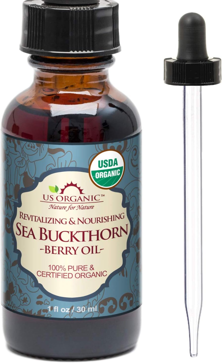 US Organic Sea Buckthorn Berry (Fruit) Oil, USDA Certified Organic,100% Pure & Natural, Supercritical CO2 extracted, Virgin, Unrefined in Amber Glass Bottle (1 oz (30 ml))