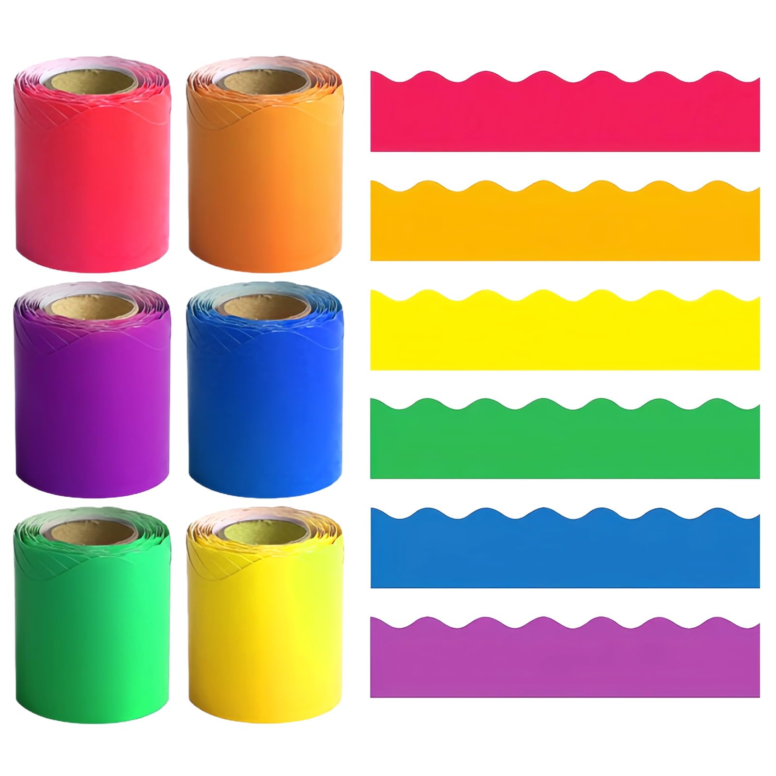 Colourful Classroom Bulletin Board Borders Waterproof Corrugated Display Trims for School Office Home Party | 6 Vibrant Rolls Wave Design Border for Whiteboards Chalkboards Wall Displays (Bright)