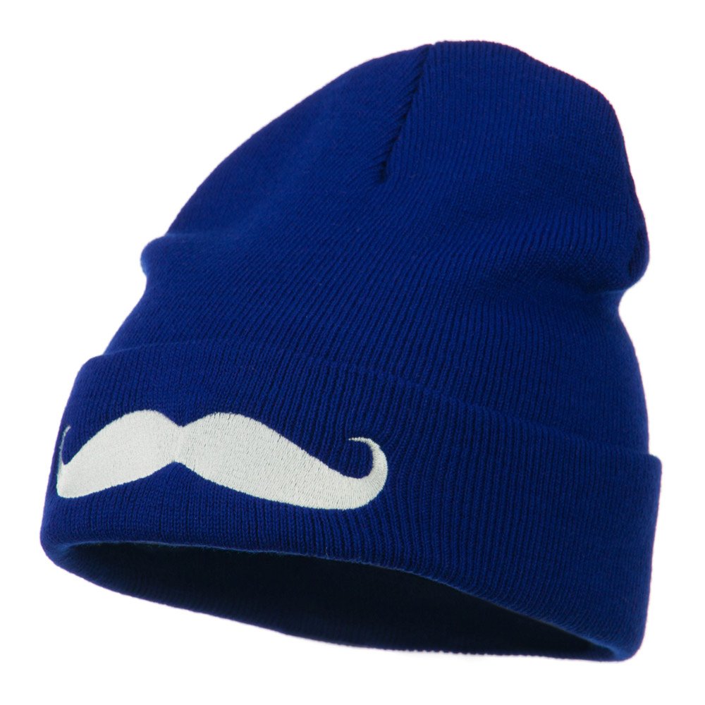 Mustache Embroidered Cuff Long Beanie - Royal OSFM