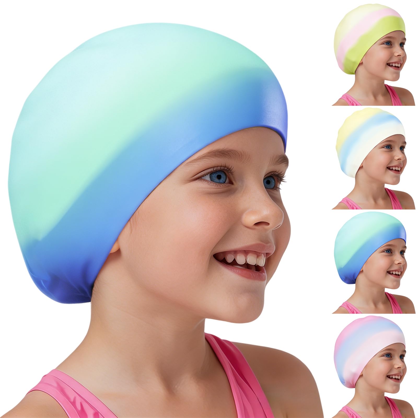 AMFUN Kids Swimming Cap 4-12 Years, Blue Gradient Silicone Swim Cap, Waterproof Stretchable Anti-slip Ear Protection, Chlorine Resistant Comfort Design for Pool Beach Swimming