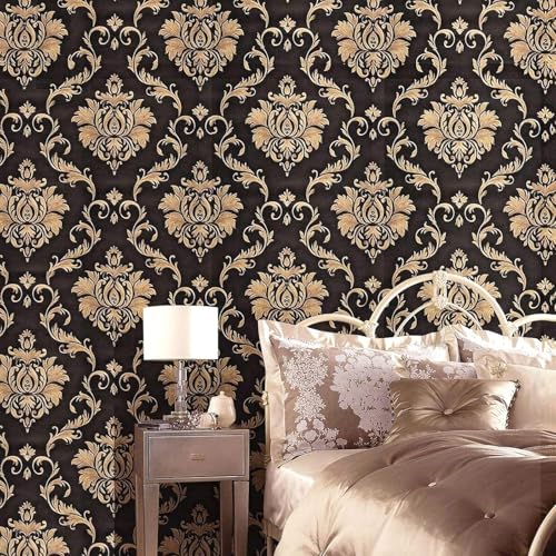 Image of 45 x 1000 CM Wall Stickers Home DIY Decals Damask Flower Self Adhesive PVC Wall Stickers for Living Room, Bedroom (Mocha Brown Decoy)