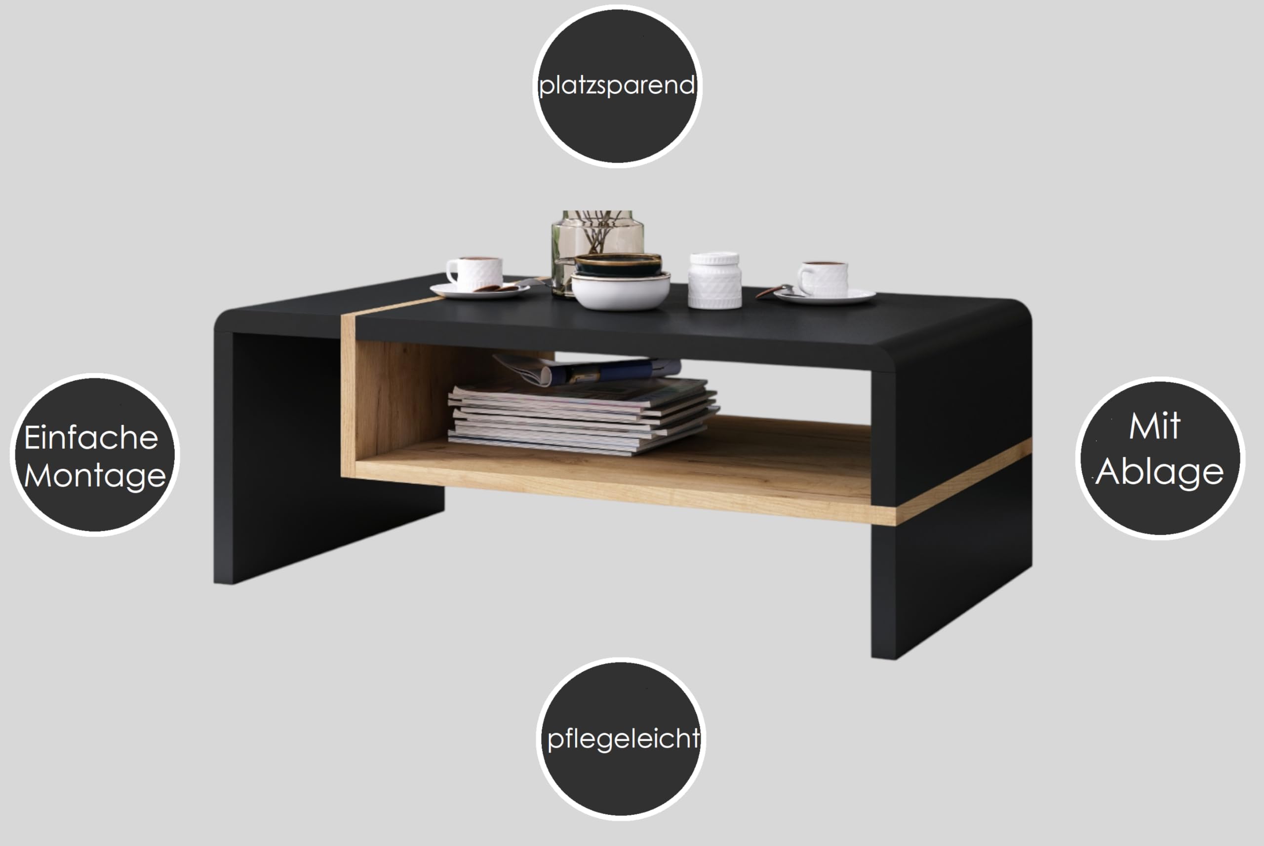 Folk Couchtisch Eiche Artisan / Schwarz matt 100x60x40 cm mit praktischer extra Ablage modern stabil Wohnzimmertisch Beistelltisch Sofatisch zeitloses Design platzsparend Wohnzimmer kleine Räume