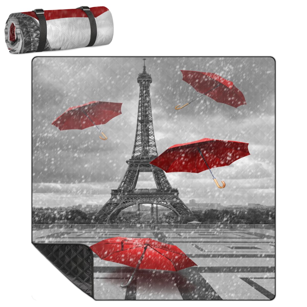 Shimoshe Extra Large Picnic Blankets 79”x 79”, Red Umbrella Eiffel Tower Waterproof Foldable Picnic Mat with Straps Portable Beach Blanket for Camping Park Grass Beach Indoor