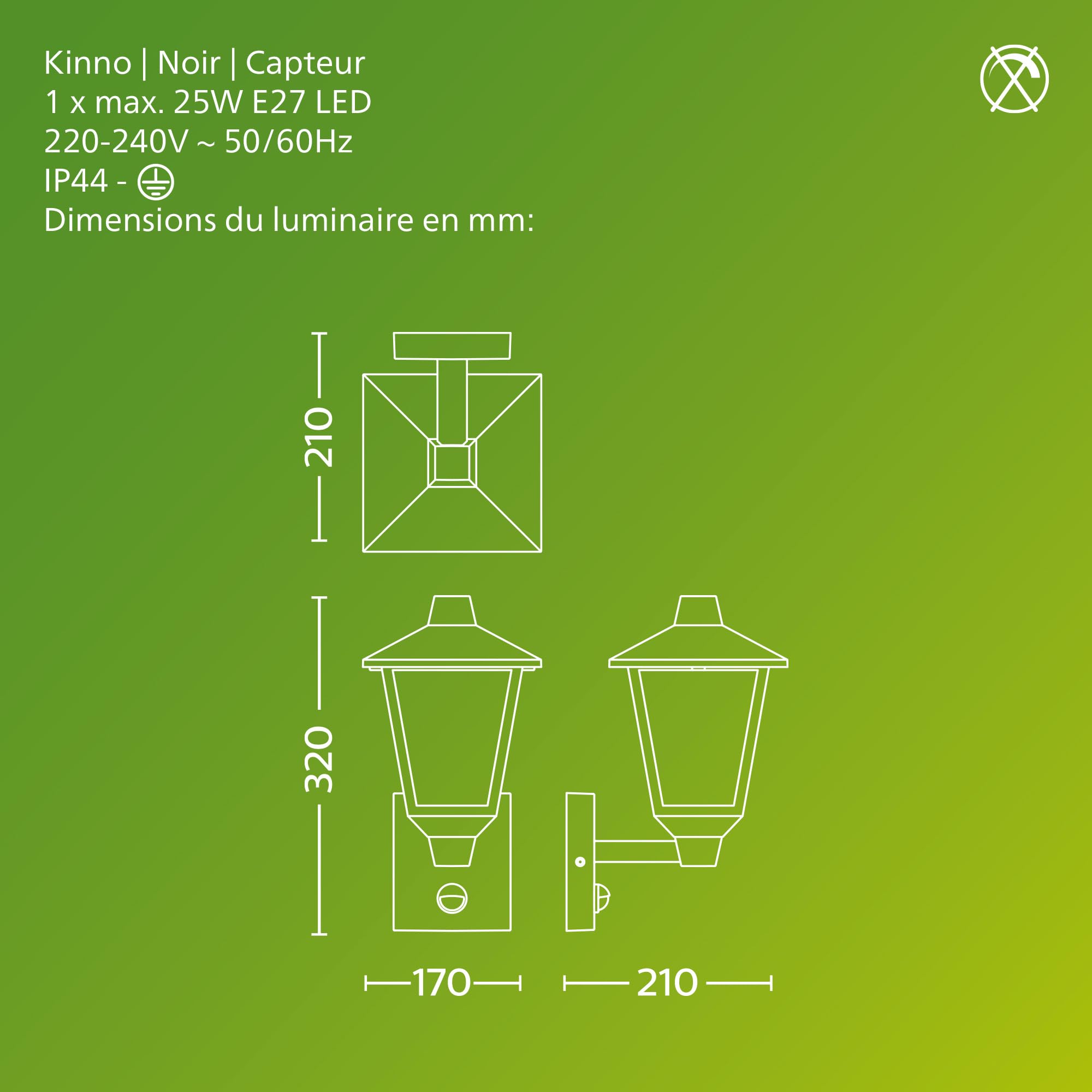 Philips Kinno Applique d’Extérieur avec Capteur, Max 25 W, Culot E27, Noir