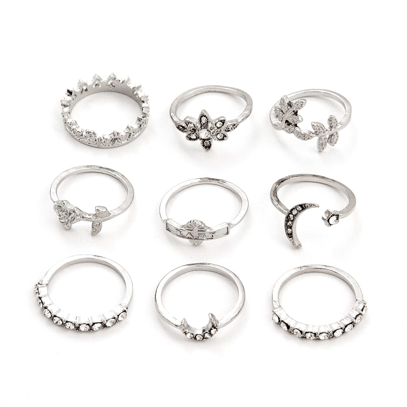 Shining Diva Fashion Latest Stylish Metal Boho Midi Finger Rings for Women and Girls – Set of 9 (rrsd14243r), Silver