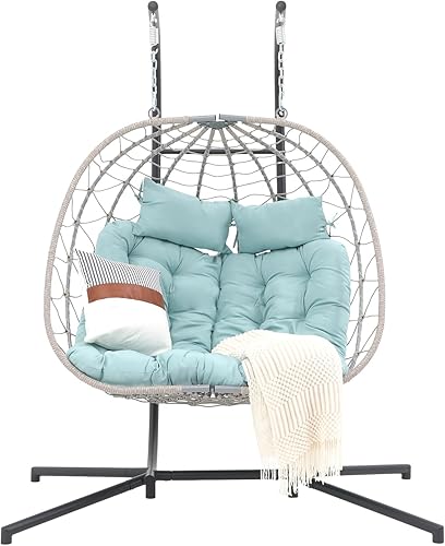 Miniatura 9 de Patiorama Silla columpio doble para 2 personas con soporte para interiores y exteriores, silla colgante de mimbre de mimbre con cojín, almohada,