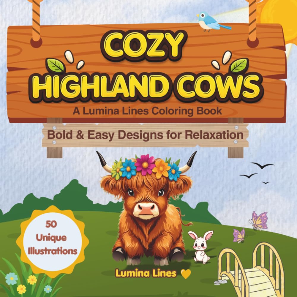 Cozy Highland Cows: 50 Bold and Easy Highland Cow Coloring Pages for Adults and Kids, Simple and Large Designs for Relaxation and Stress Relief, Cozy Animal Illustrations.