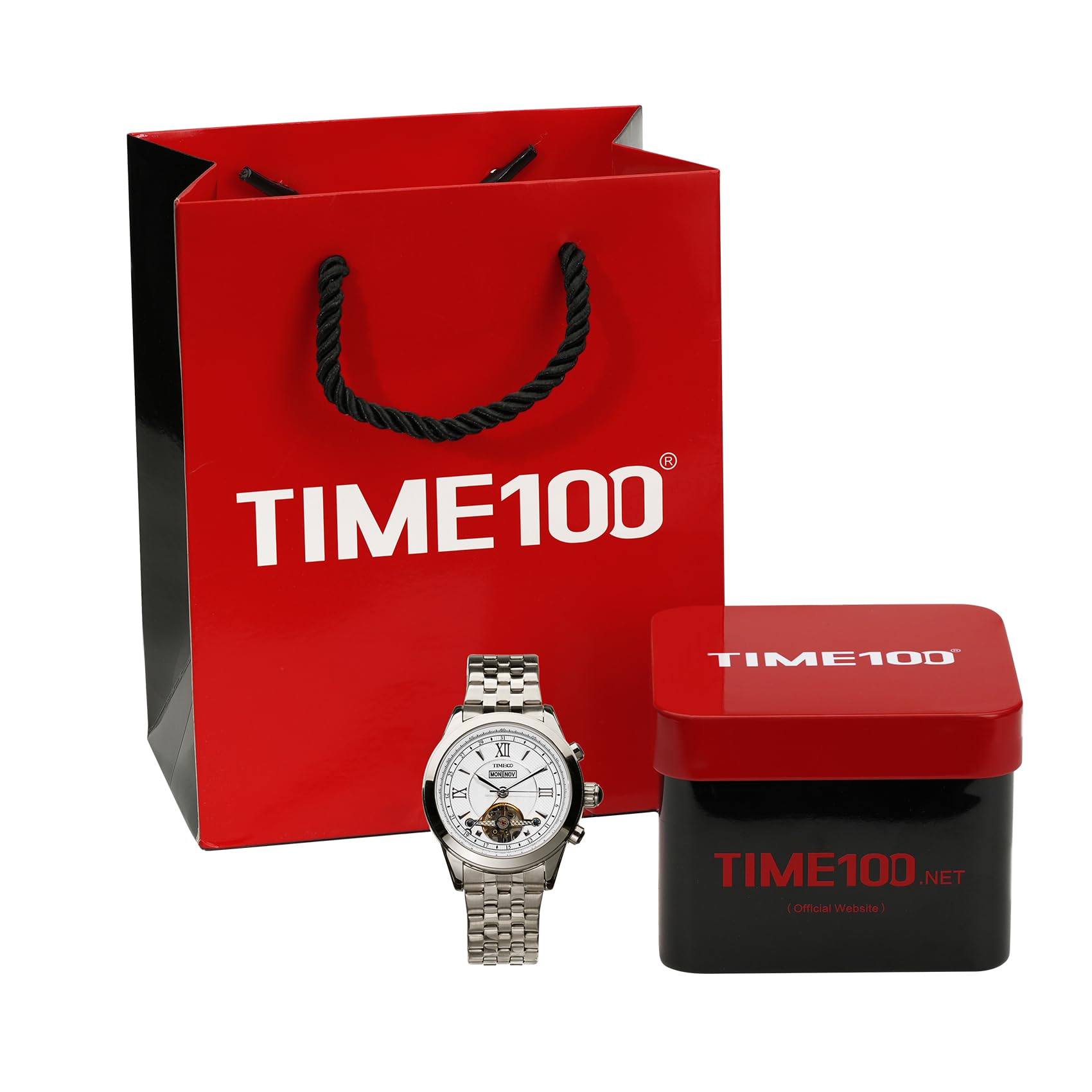 TIME100 Relojes Automáticos Mecánicos para Hombre con Diseño Skeleton, Correa de Acero o Cuero, Calendario Multifunción y Resistencia al Agua