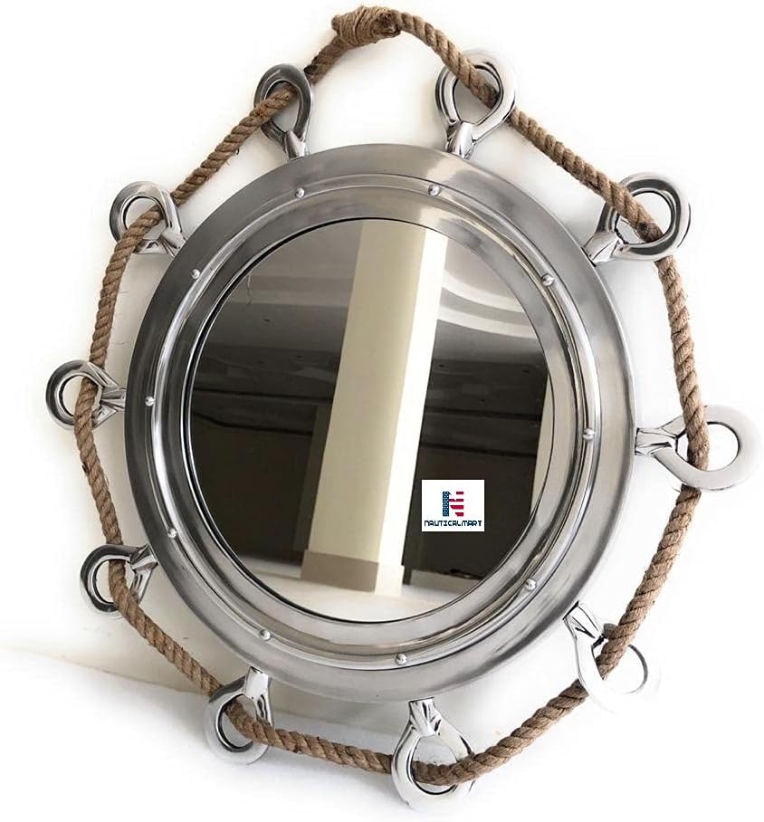 Big Silver Finish Porthole Mirror with Rope Nautical Ships Boat Decor