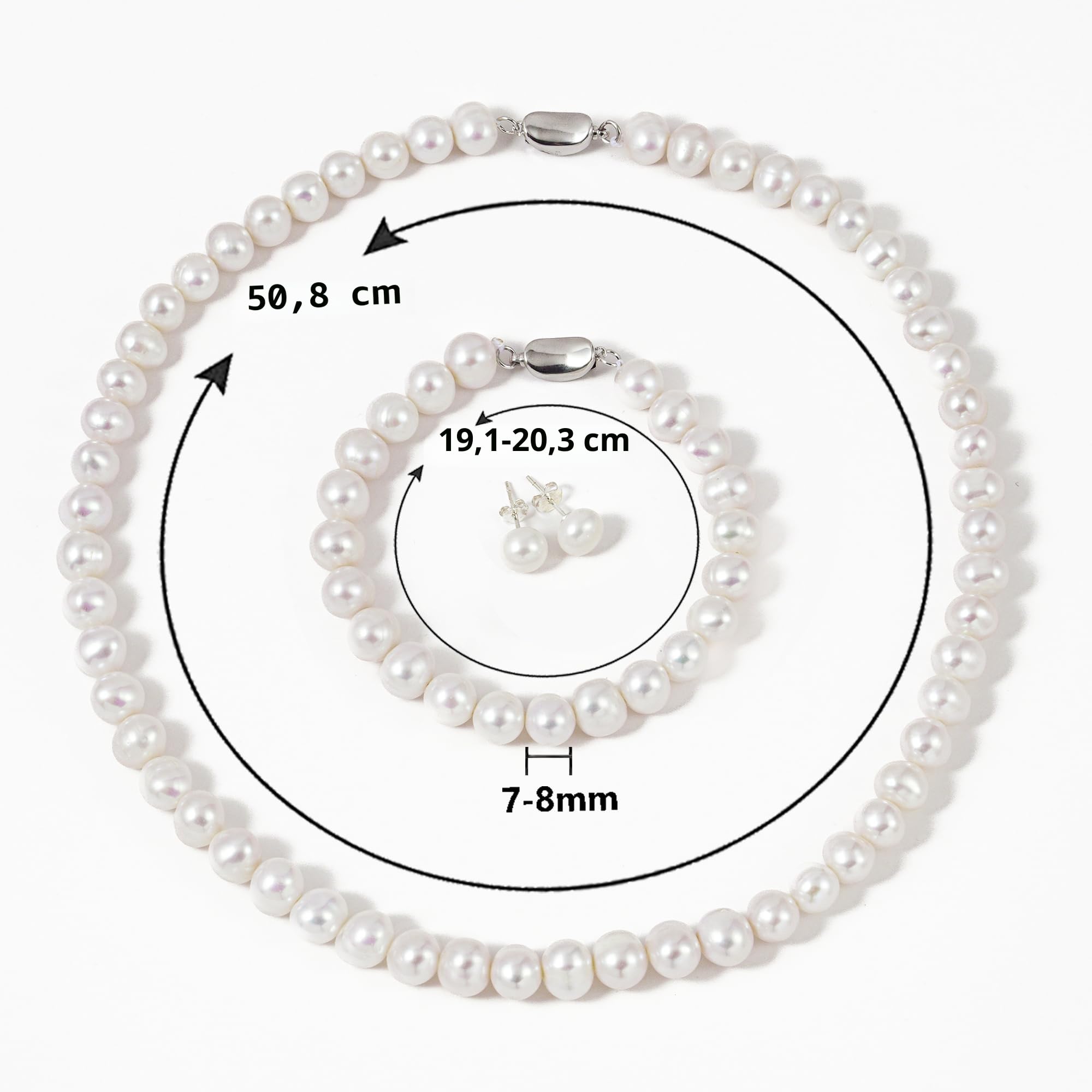 Süßwasser-Zuchtperlen-Schmuckset für Damen mit Halskette, atemberaubendem Armband und Ohrsteckern, necklace:20" ,bracelet :8", Sterling-Silber, Perle
