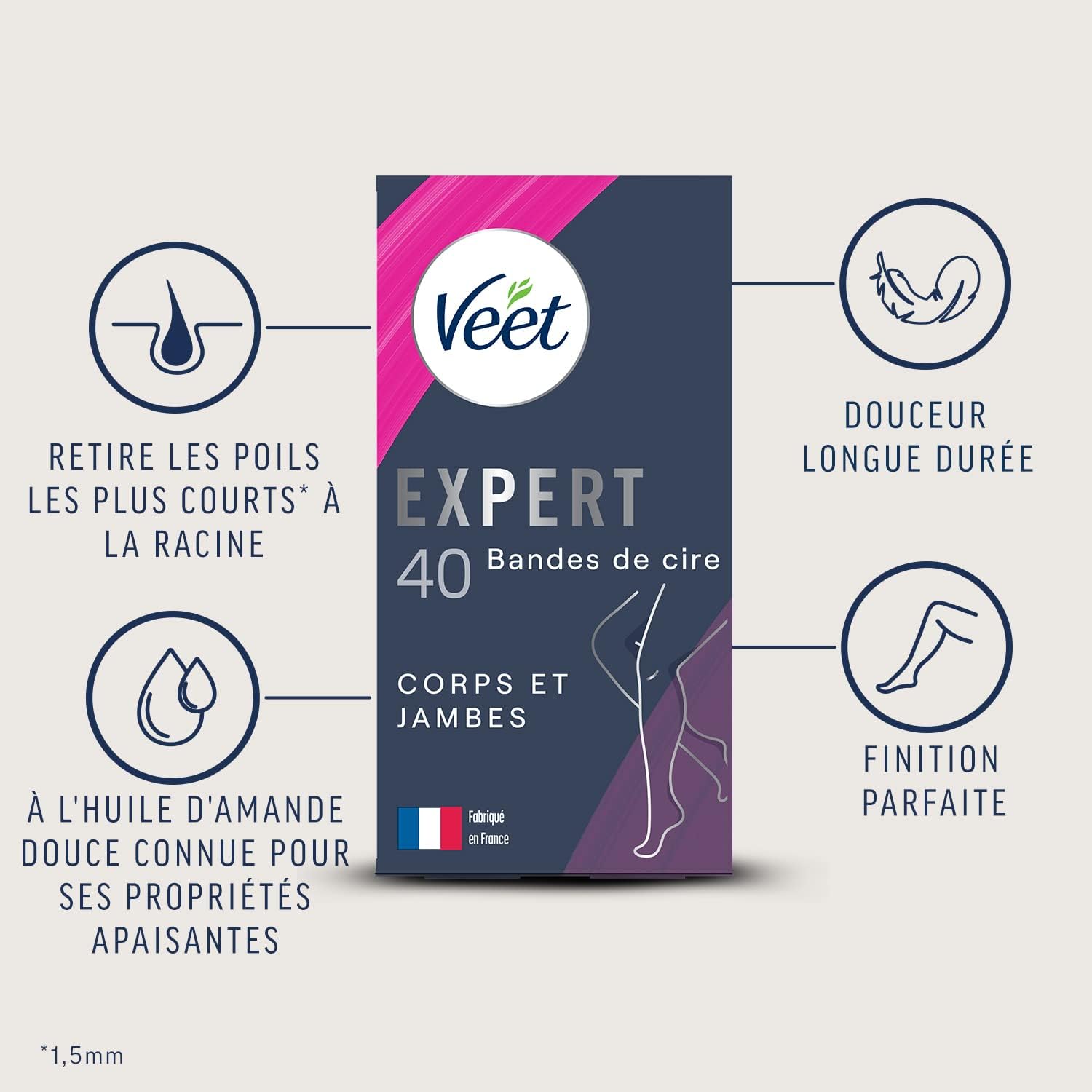 Veet EXPERT - 40 pasków z zimnego wosku do ciała i nóg - skóra normalna - Idealne wykończenie - Długotrwała depilacja