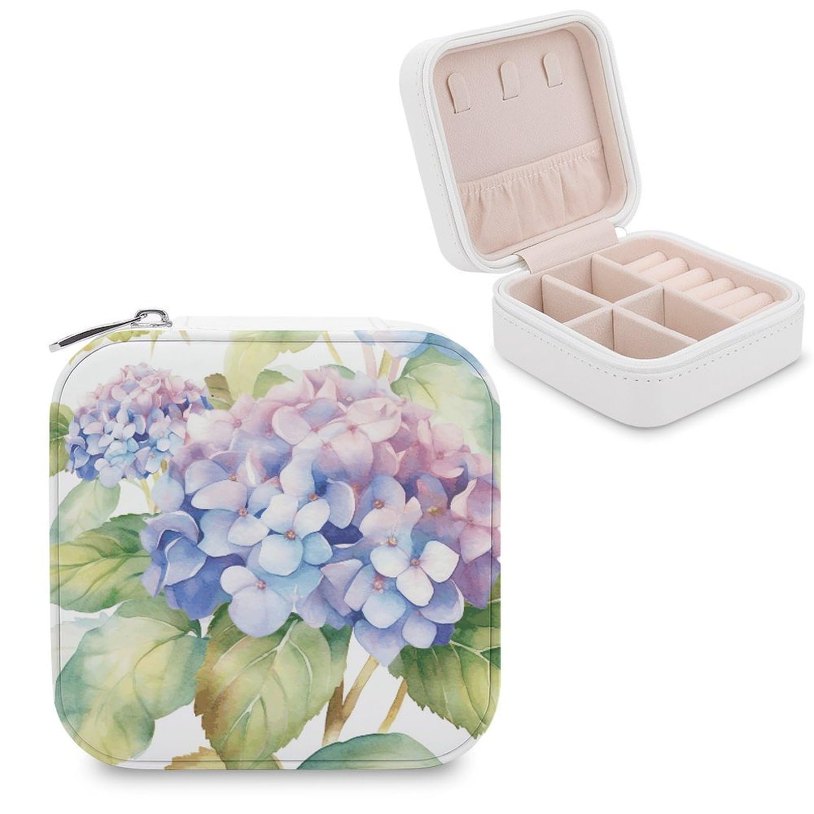 VstaDank Hydrangea Watercolor Travel Jewelry Case Zipper Portable Small Jewelry Box Custom Pu Leather Mini Traveling Jewelry Organizer for Rings Earrings Necklace Bracelet Girls Women