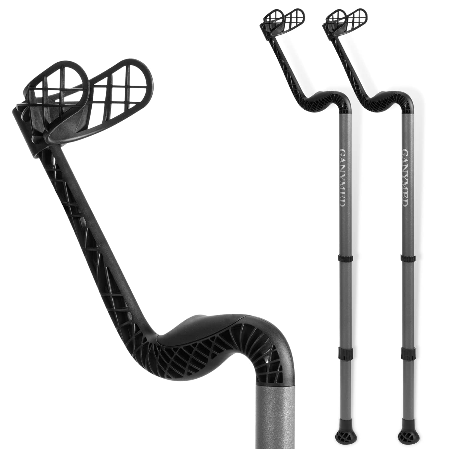 Ossenberg GANYMED - Andador para antebrazo con mango anatómico suave, soporte para antebrazo ajustable de metal ligero, muletas con base de goma, hasta 120 kg, color gris