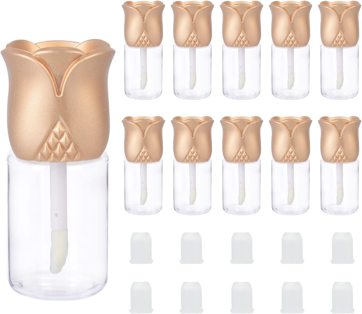 RONRONS 15 Pieces 10.5ml Refillable Lip Gloss Tube, Creative Gold Rose Shaped Empty Lip Gloss Tubes Containers Transparent Mini Round Lip Balm Bottles Rubber Inserts Set for Girls