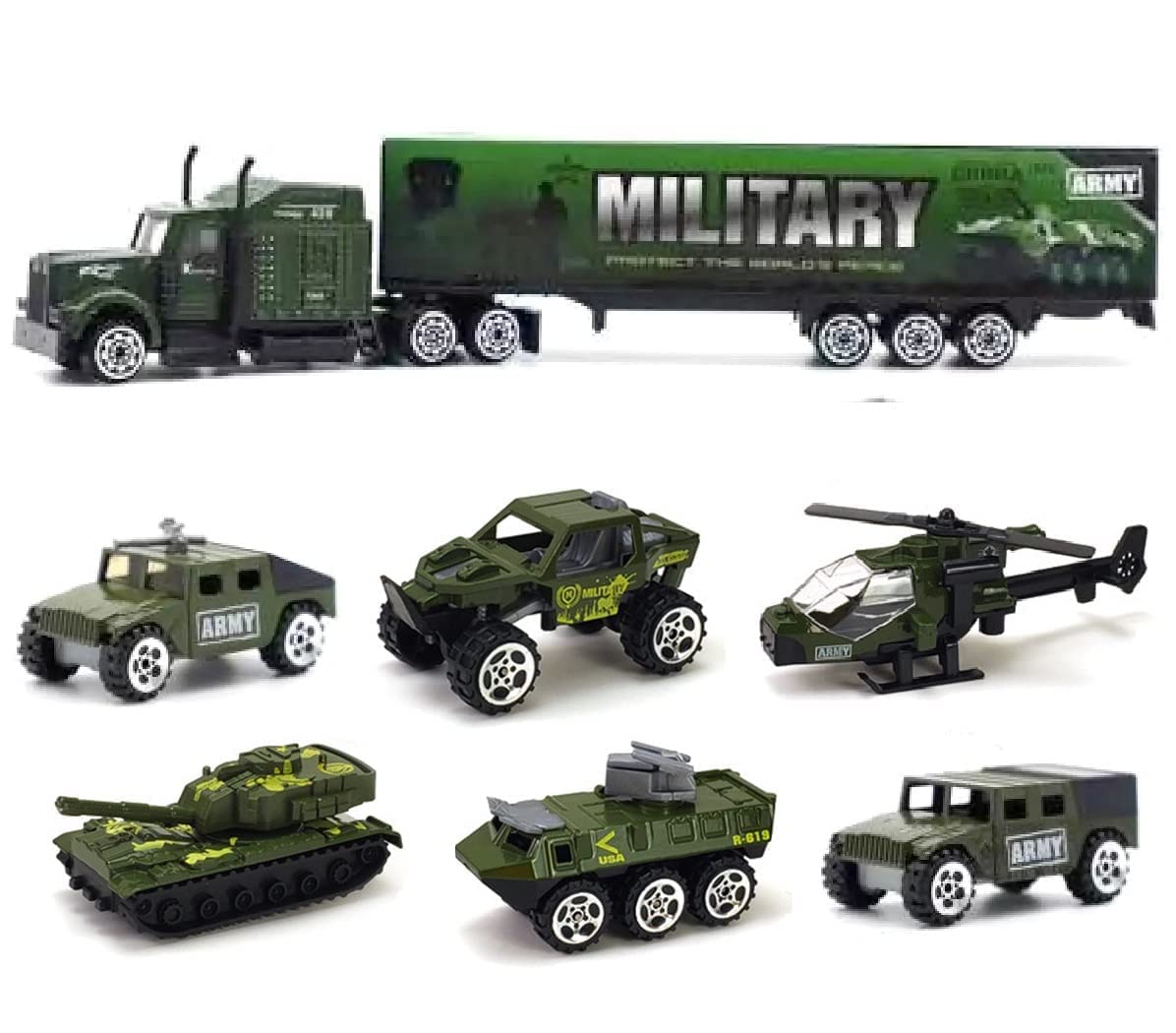 kickstar Military Diecast Army Vehicles,Metal Military Truck Toy With Battle Cars-Army Cargo Truck Container,Battalion Jeep,Army Tank,Helicopter,Fire Truck-7 Pcs Playset, Kid