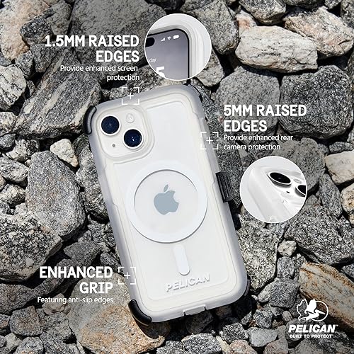 Image of Pelican Voyager Series - iPhone 15 Case 6.1 inch [Compatible with MagSafe] [Anti-Yellow] Magnetic Charging Phone Case with Belt Clip Holster Kickstand [18ft Military Grade Drop Protection] - Clear