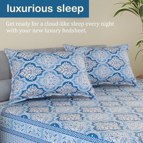 Image of Kuber Industries Cotton 160 TC Double Bedsheet With 2 Pillow Covers | Machine Washable Soft Bedsheet For Living Room, Home & Hotels | Flower Heritage Print - Blue