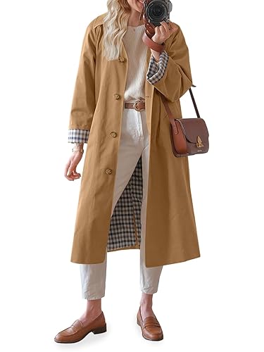 Tankaneo Womens Long Trench Coat Single Breasted Oversized Windproof Overcoat