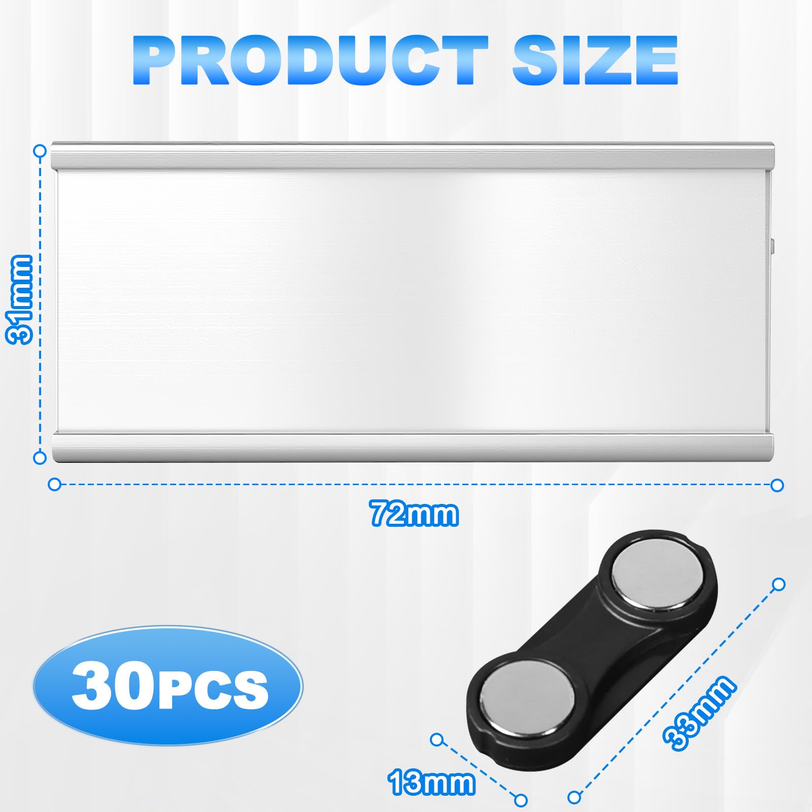 30 Placas de Identificación Magnéticas para Ropa de Aluminio - Sujeción Doble con Imán y Alfiler (72 x 32 mm) - Para Oficina, Escuela, Eventos