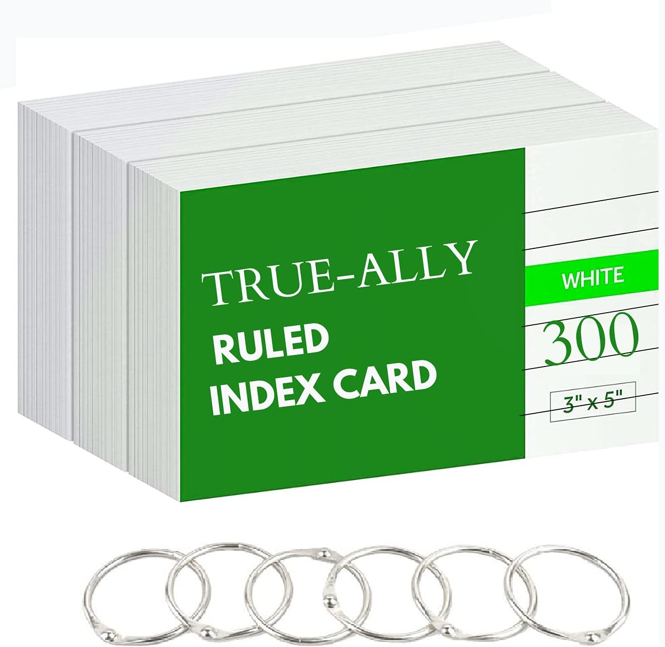 True-Ally 300 Single Side ruled Index Flash Cards - 3x5 inch, White, 200 GSM - with Free Binder Rings for Short Notes, cue Cards, Cheat Sheets, exam, Interview Preparation (3x5 inch Single Side ruled)