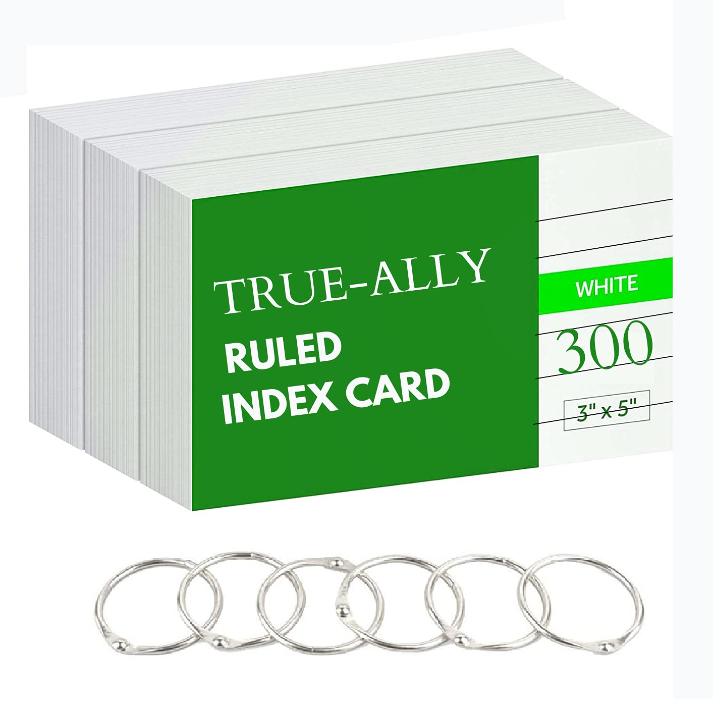 True-Ally 300 Single Side ruled Index Flash Cards - 3x5 inch, White, 200 GSM - with Free Binder Rings for Short Notes, cue Cards, Cheat Sheets, exam, Interview Preparation (3x5 inch Single Side ruled)