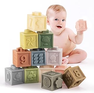 Ganowo 12PCS Mini Soft Stacking Blocks Toys, Educational Squeeze Teeth Baby Toys with Numbers Animals Shapes Textures for 6 Months Up Baby Stacking Building Blocks Baby Montessori 6 to 12 Months