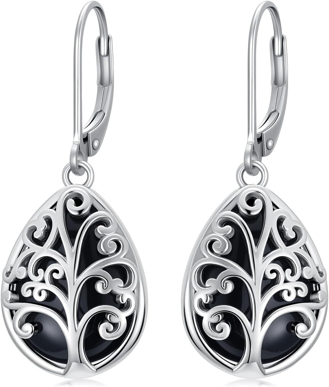 Tree of Life Leverback Earrings for Women, S925 Sterling Silver Teardrop Black Onyx Drop Dangle Earrings Jewelry Anniversary Birthday Gift