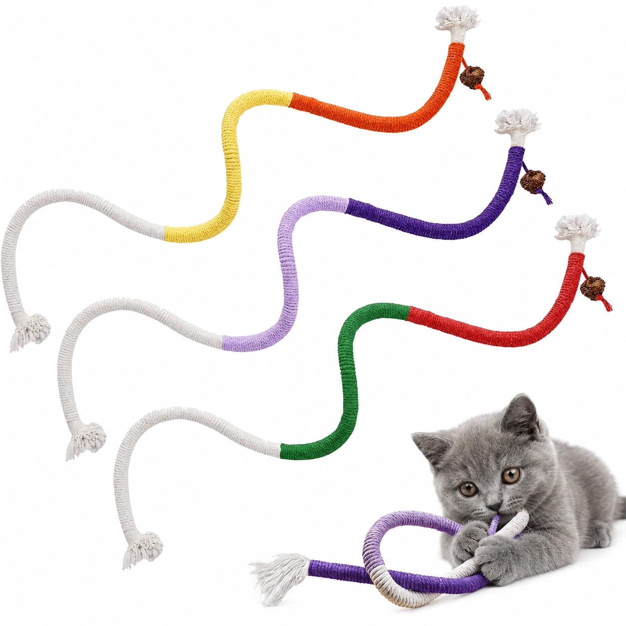 Catnip Snake Cat Toys, 3-Pack, Long Flexible Bodies with Tasselled Ends | Textured wrapped surfaces, 3 colour combinations, attached woven balls, for indoor chasing, batting, biting and carrying