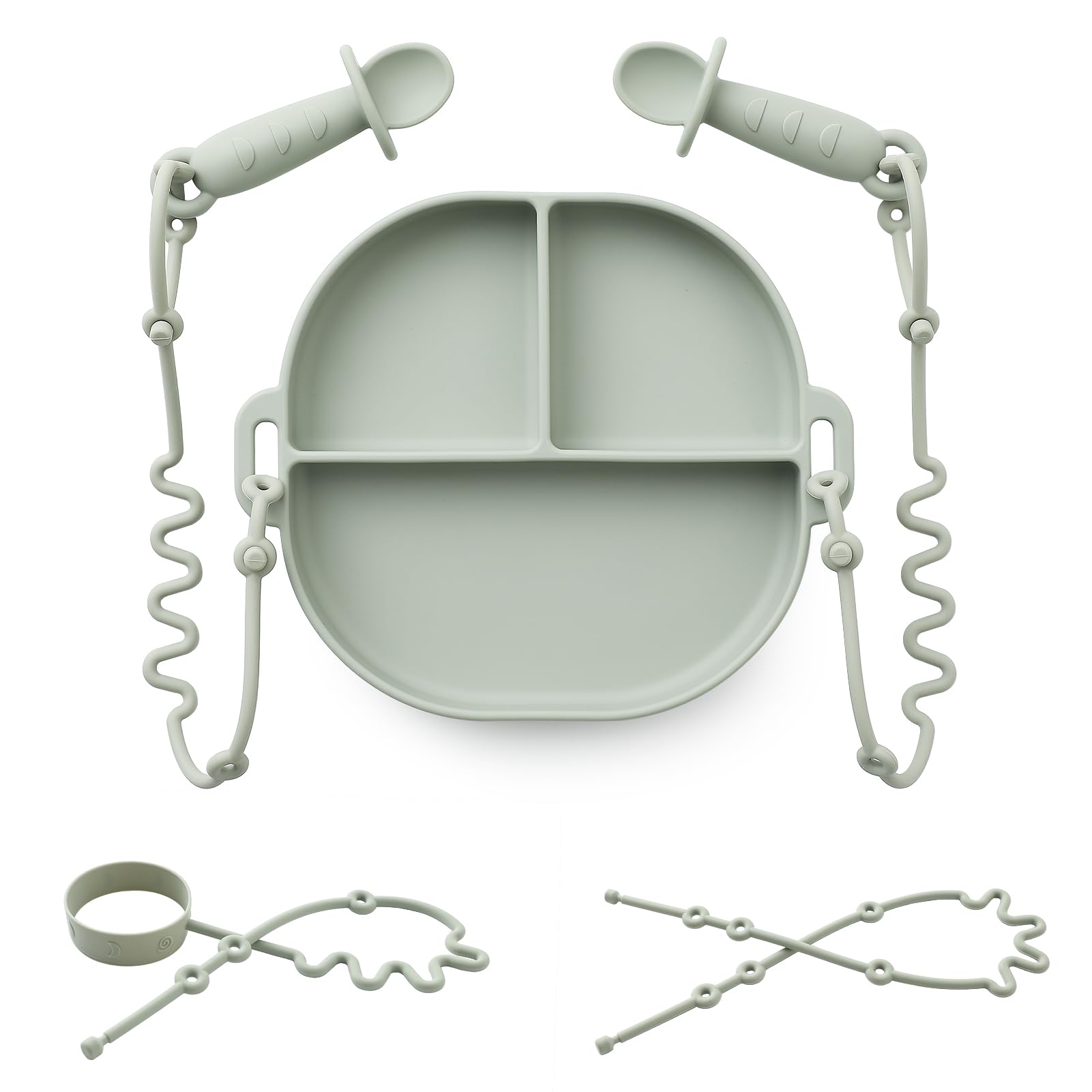 Silicone Plates for Babies with Suction Divided Baby Spoons Silicone Baby Toy Straps All-in-one Plates Silicone Placemat for Babies Toddlers Attachable Tethers & Built-in Suction Cups-Sage