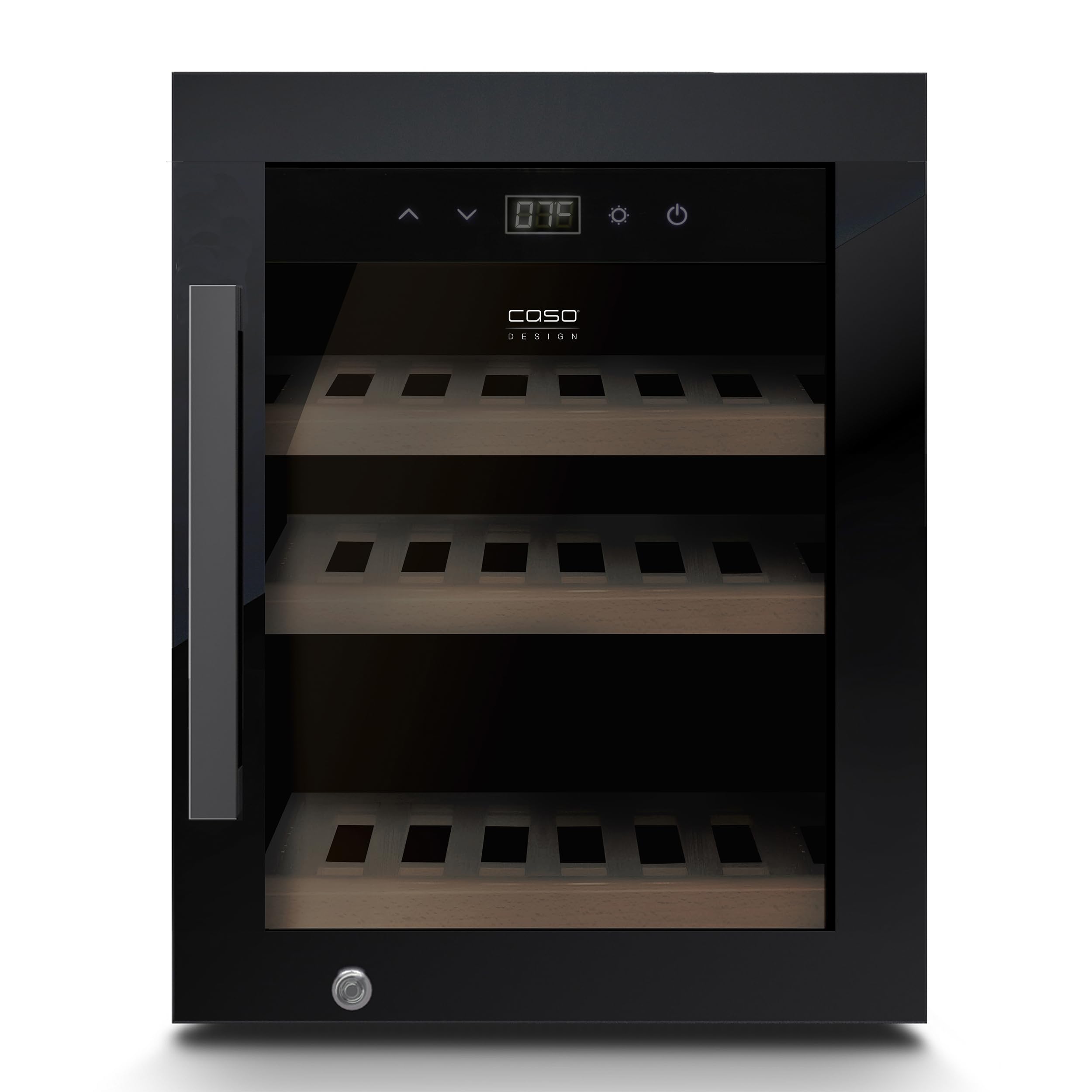 Caso WineExclusive 12 Weinkühlschrank für 12 Flaschen, 1 Zone, 5–20 °C, Kompressor, UV-Glas, Touch-Bedienung, leise, LED, Holzregale, abschließbar, Lüfter, Glasfront, Innenbeleuchtung
