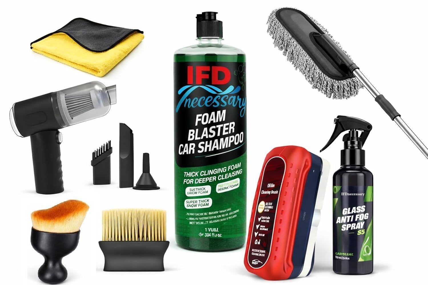 8 PCS Car Cleaning Kit with 3-in-1 Mini Vacuum Cleaner, Car Shampoo 500ml, Microfiber Cloth, Car Duster, Wheel Brush, Anti-Fog Spray & Glass Cleaning Tools | 8-in-1 Car Care Combo