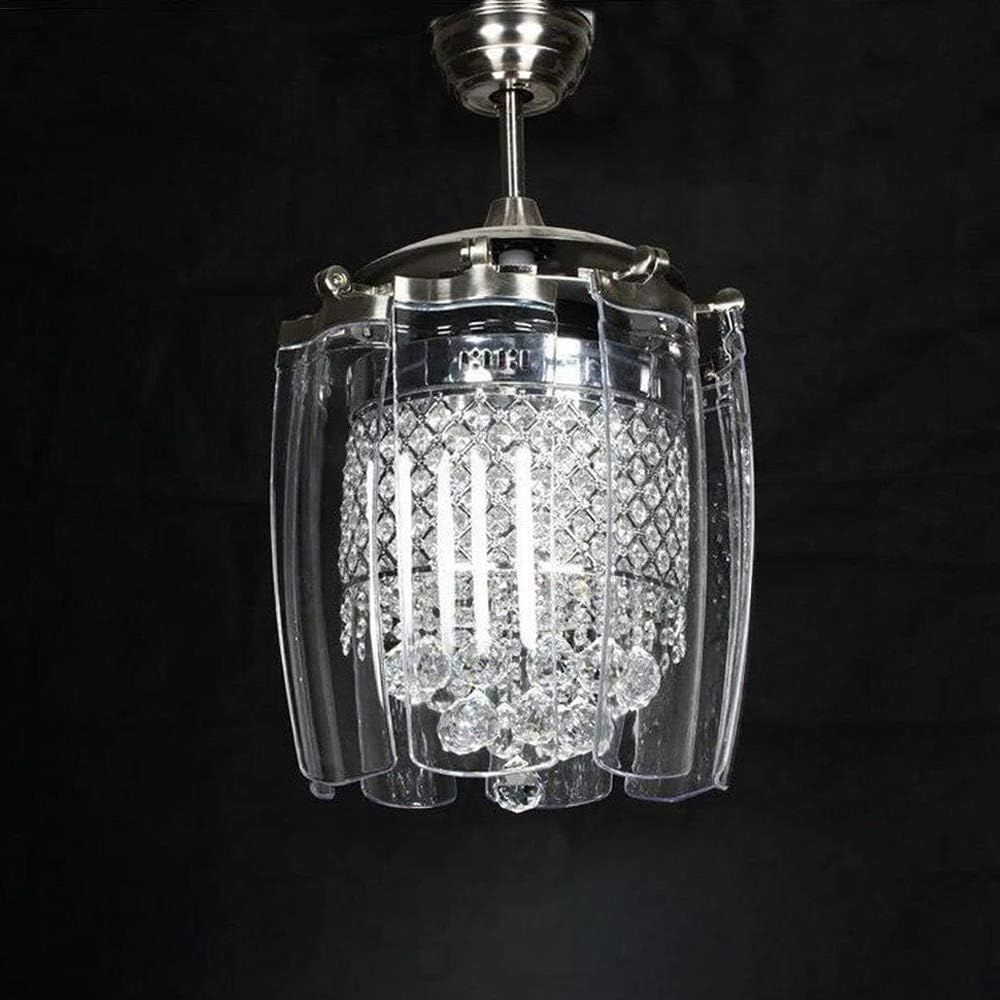 Crystal Ceiling Fan With Led Lights Fandelier Fashion 48-Inch Blades Transparent 8-Leaf Folding Chrome Invisible Ceiling Fan Crystal Chandelier for Bedroom Living room Kitchen