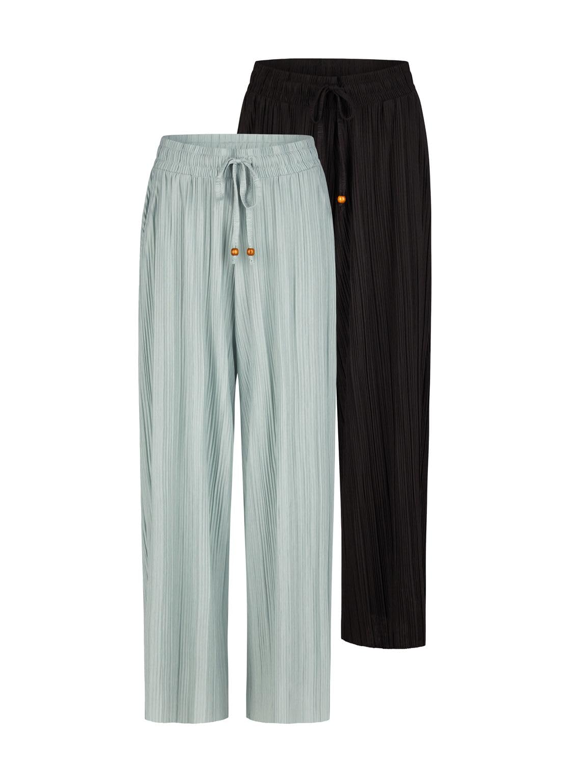 DENIMFY Palazzo DFBrenda Lot de 2 pantalons d'été 3/4 pour femme, taille haute, jambes larges, en tissu, longueur cheville, taille élastique, poches unies, noir, vert, beige, bleu, S, M, L, XL, XXL