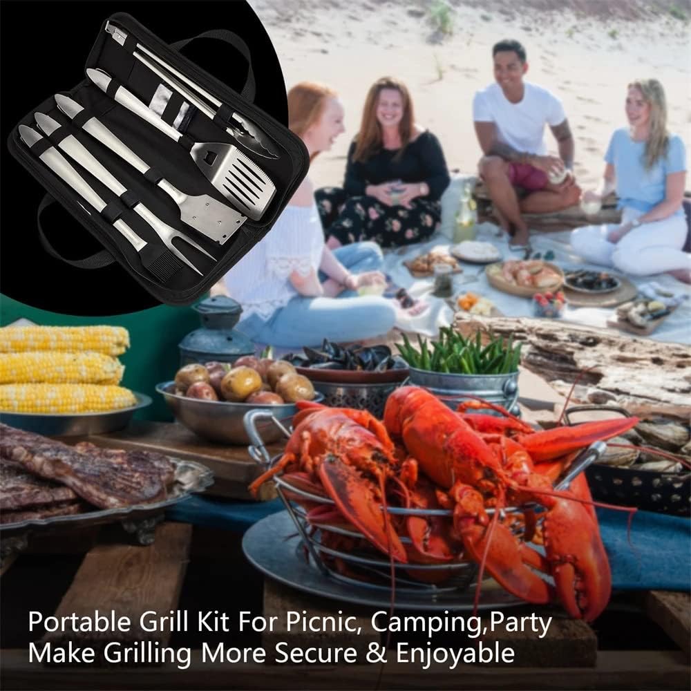 HBJWOV Stainless Steel BBQ Tool Set Spatula Fork Pliers Brush Skewer Utensils Camping Outdoor Cooking