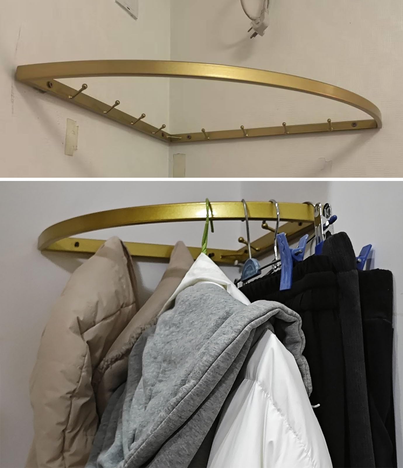 Barra Appendiabiti Appendiabiti Angolare da Parete a 90 Gradi con Ganci, Organizer per Armadio Resistente, Appendiabiti in Metallo per Armadio/ Guardaroba, Barra per Armadio in 3 Colori(Gold,60x60cm(2
