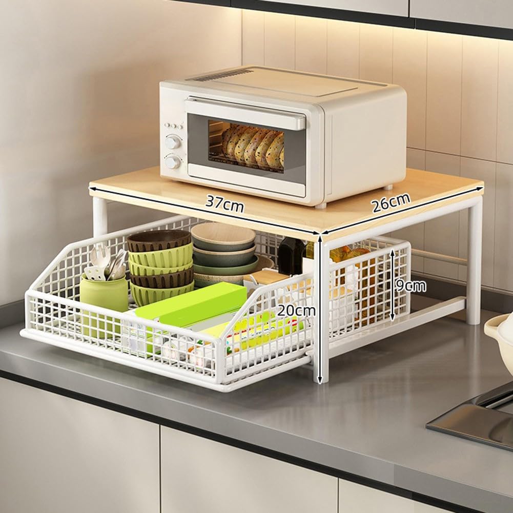 Chariot à micro-ondes avec panier de rangement inférieur, support d'étagère de cuisine en bois et métal, design mobile avec roulettes verrouillables pour organiser casseroles, ustensiles (noir)