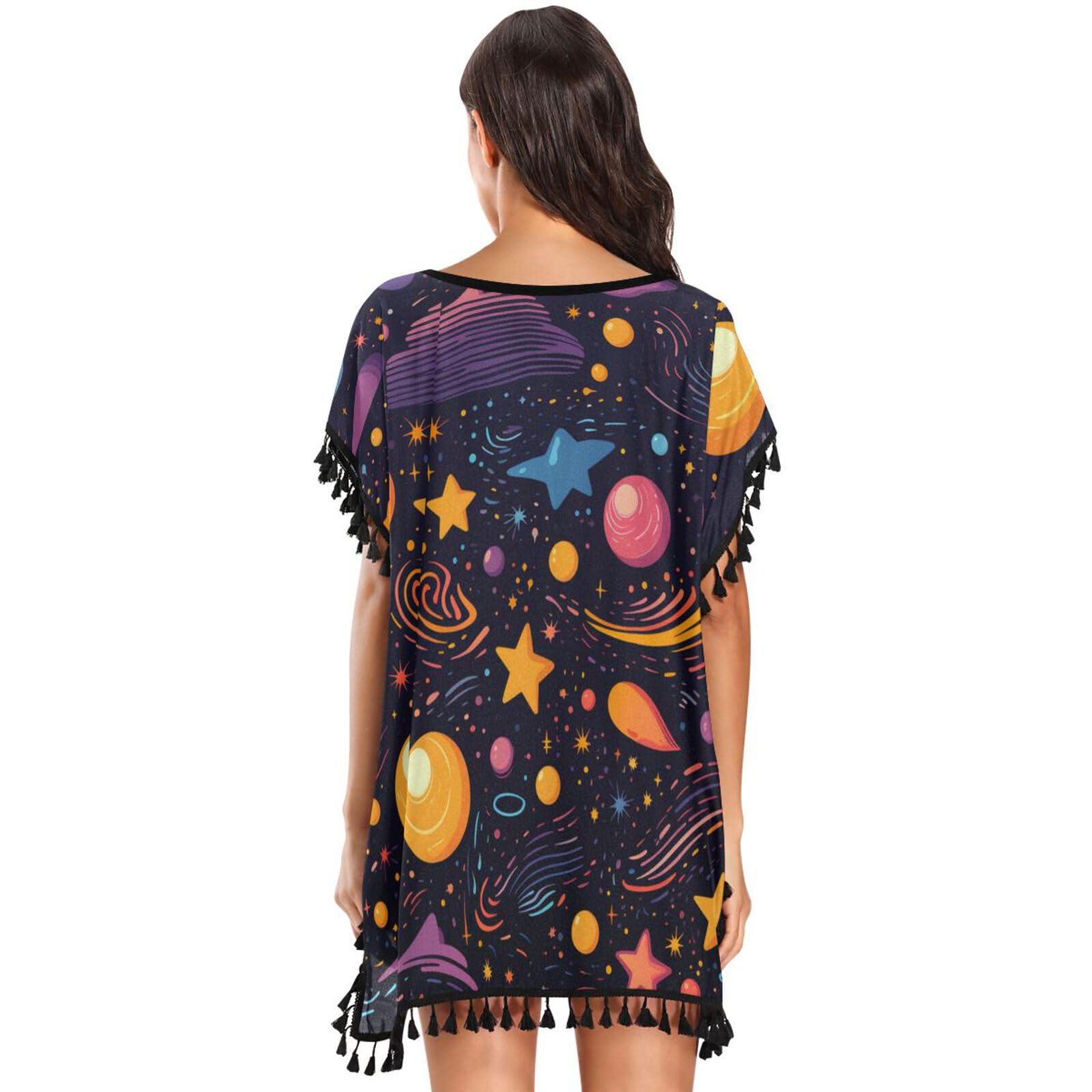 KAAVIYO Cute Stars Galaxy Constellations Women's Beach Cover Up Chiffon Tassel Swimwear Swimsuit Coverups for Girl