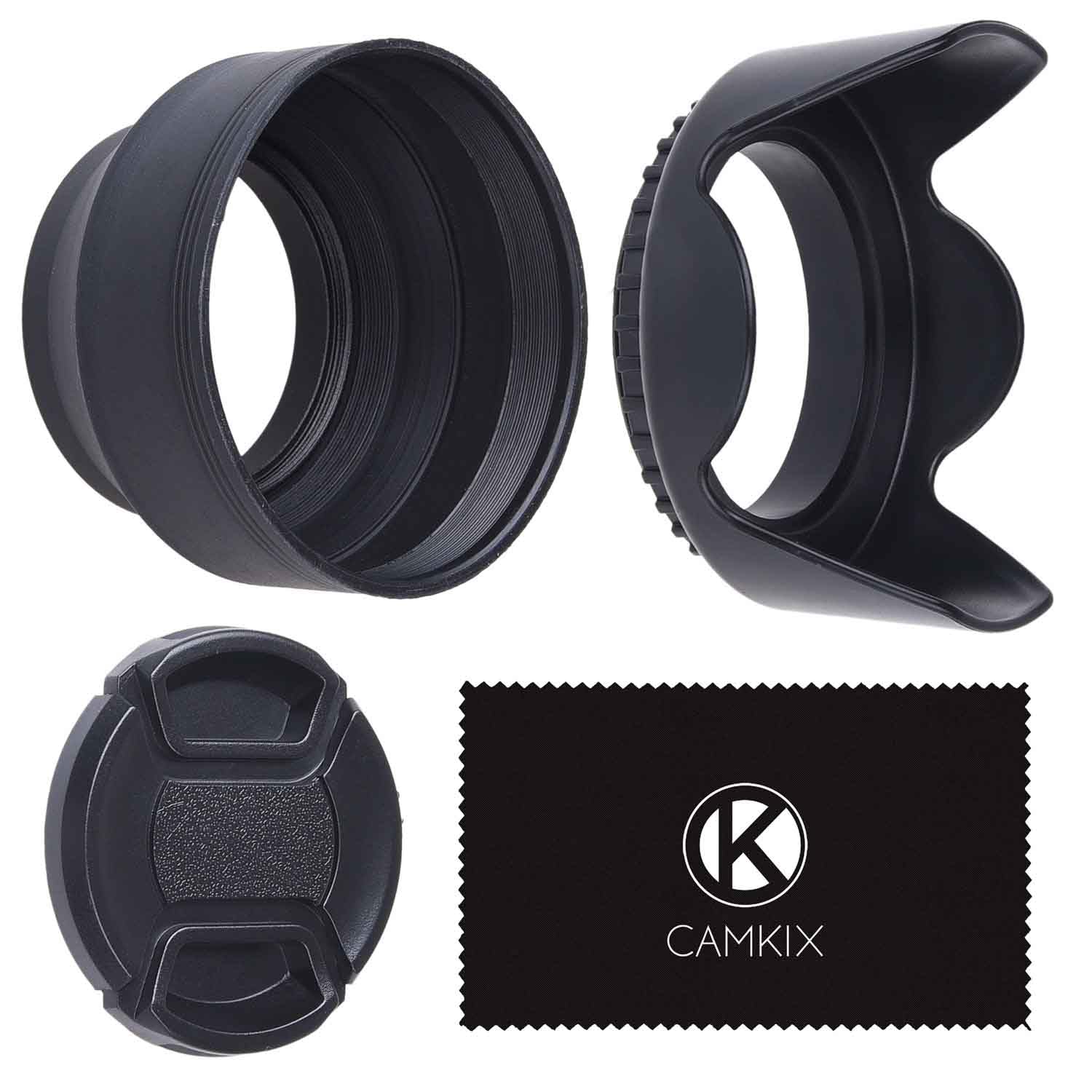 Set of 2 Camera Lens Hoods and 1 Lens Cap - Rubber (Collapsible) + Tulip Flower - Sun Shade/Shield - Reduces Lens Flare and Glare - Blocks Excess Sunlight for Enhanced Photography and Video Footage