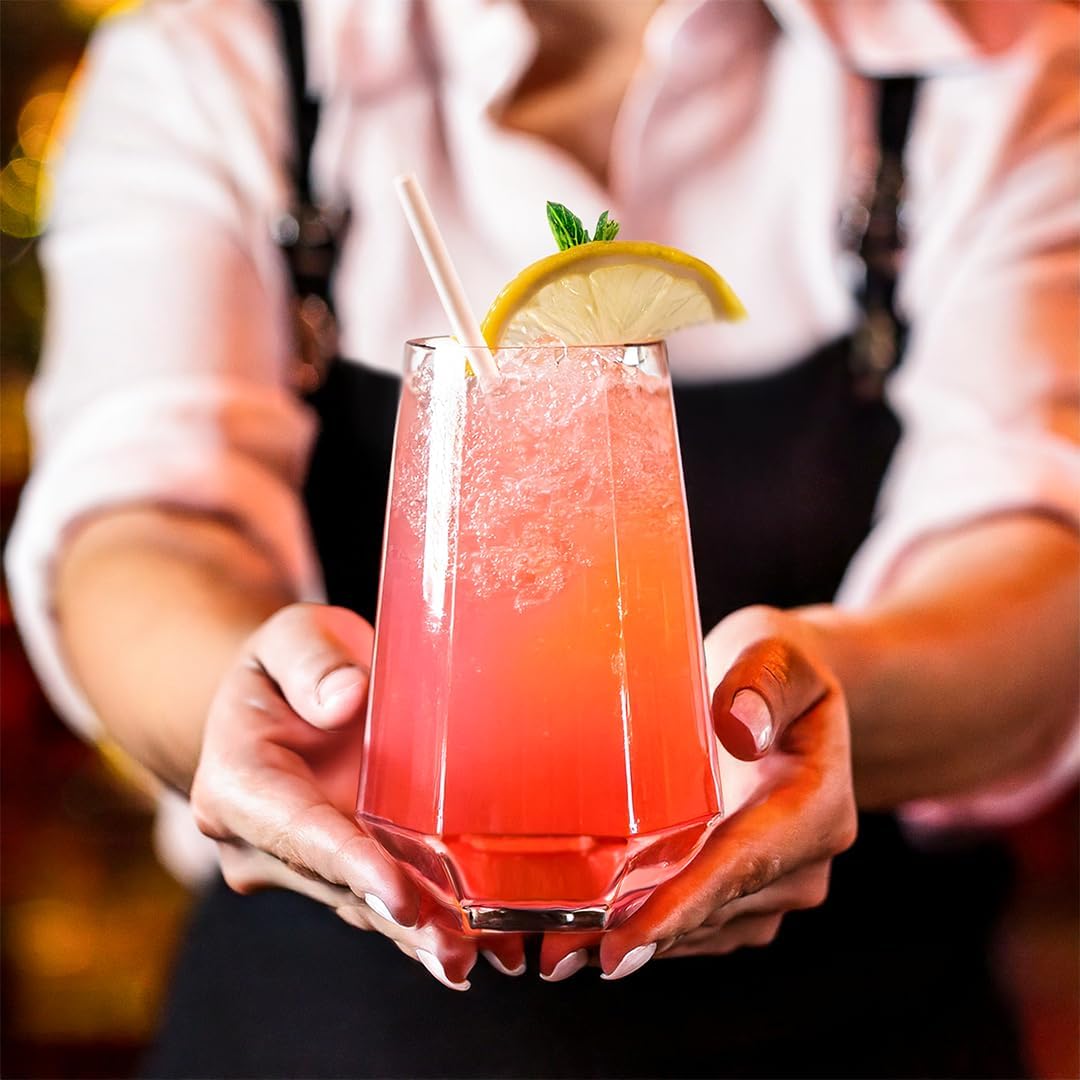 Crystal Beverage Glasses- Set of 6- Hexagon Design – 16oz Beer Tumbler & Highball Glass | Modern Tall Drinking Glass for Beer, Cocktails, Iced Tea, Cold Drinks & Everyday Use