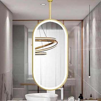 LED Lighted Mirror for Bathroom Wall Mounted, Suspended Dimmable Vanity Mirror with Lights, Oval Ceiling Hanging Mirrors Metal Framed Black/White/GoldGold,40cmx60cm