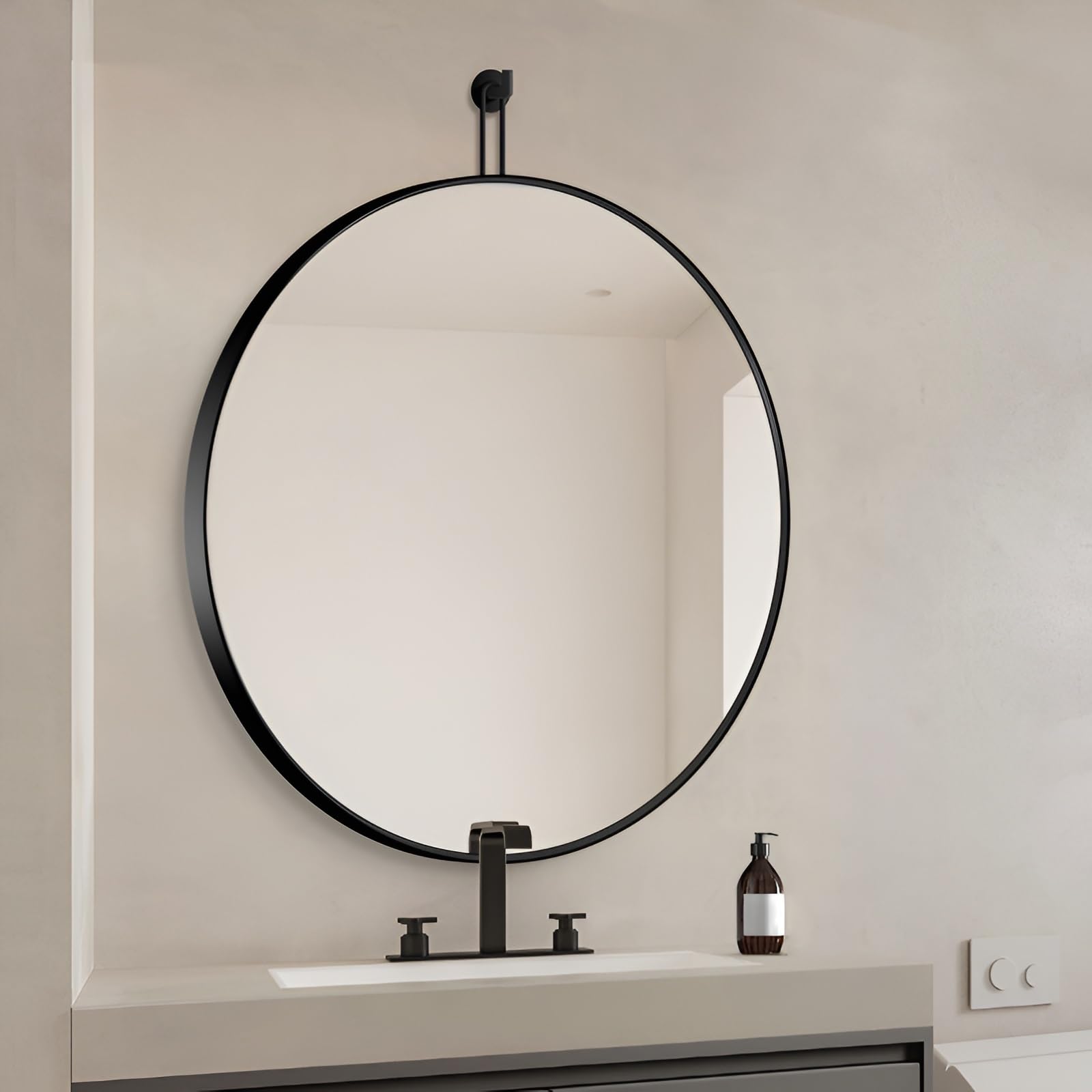 FGXHHS HD Round Wall Mirror 50CM, 60CM, 70CM, 80CM, Metal Frame, Modern Decorative Hanging Circle For Wall, Bathroom Vanity, Entryway, Living Room(Black,70cm/27.6in)
