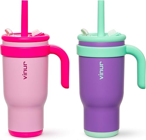 VINUR Vaso aislado con asa de acero inoxidable de 17 onzas, doble pared, al vacío, vaso de viaje para agua con tapa y popote (morado, rosa, morado)