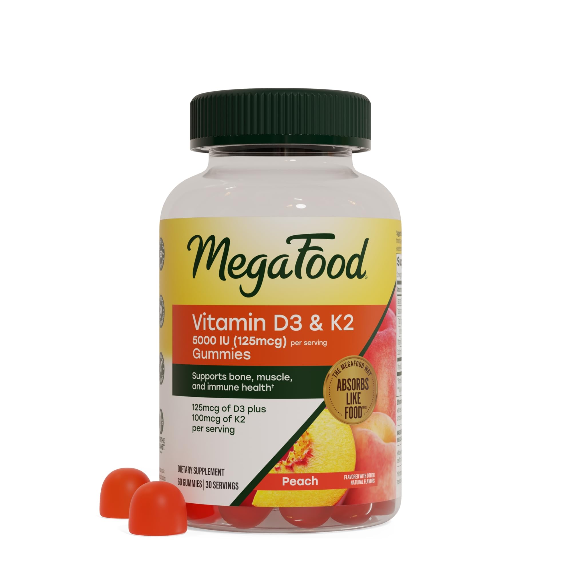 MegaFood Vitamin D3 K2, Bone, Muscle & Immune Health, Peach, 60 Gummies