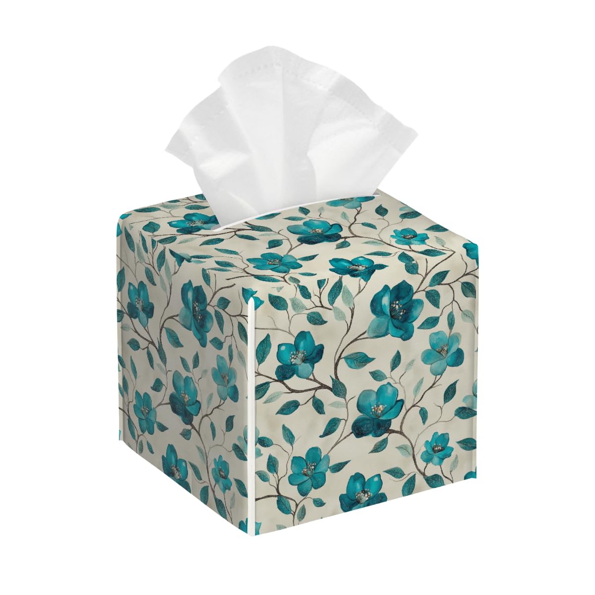 Mexpekil Tissue Box Holder, Turquoise Flowers Leather Square Tissue Box Covers Cube, Home Tissues Cover Case Paper Holder Desk Organiser for Office Car Hotel
