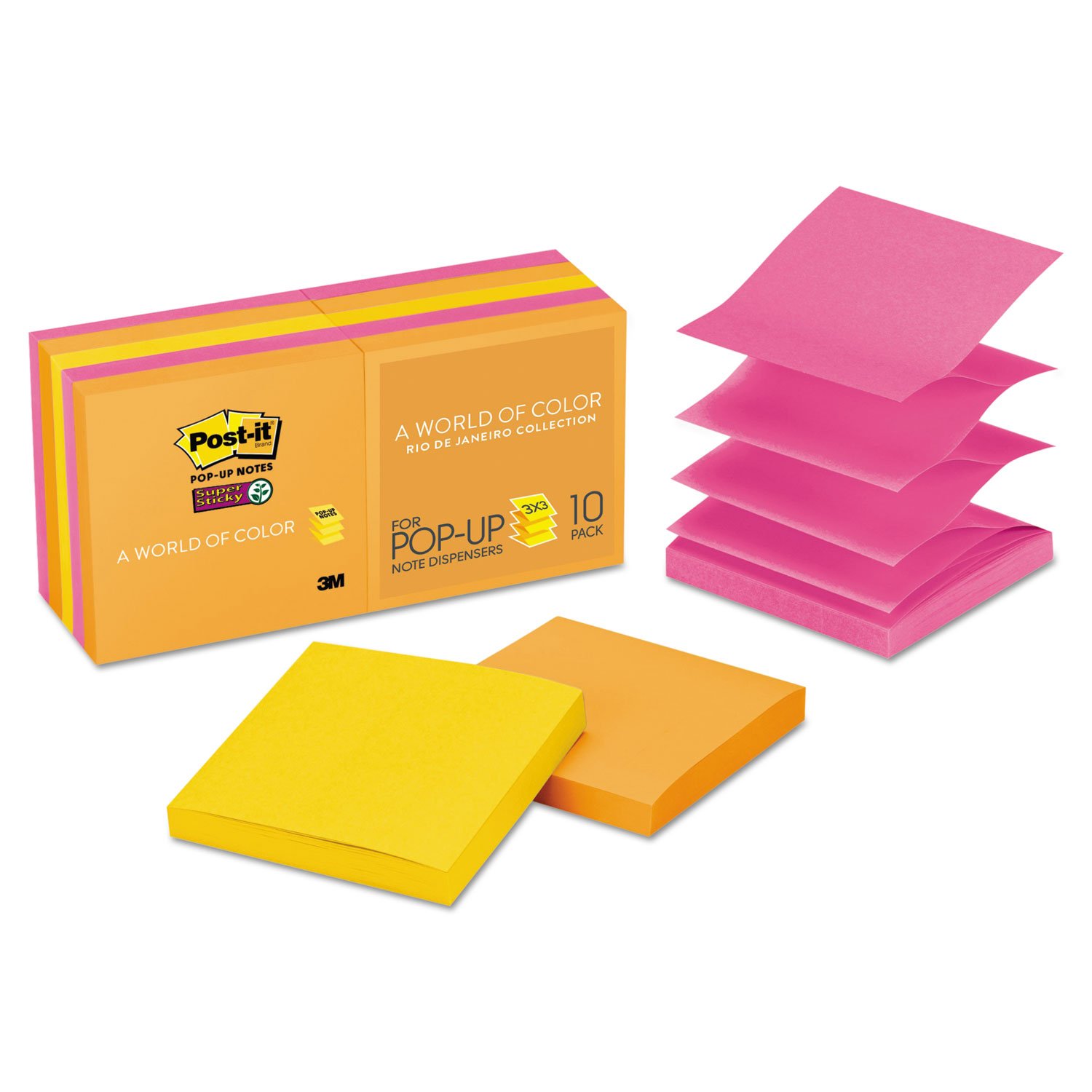 3M R33010SSAU Post-It SS Pop-Up Notes, 3 x 3, Rio de Janeiro Colors, 10/Pack