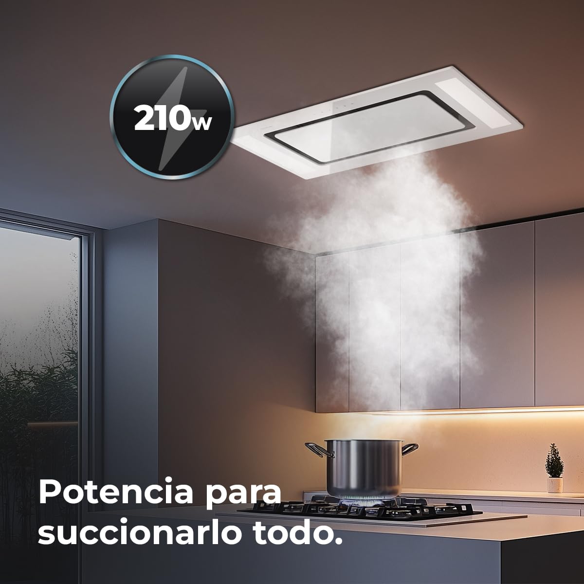 Cecotec Hotte Aspirante 90cm Plafond Intégrable Bolero Flux Tir 908000 Glass White A++. Finition Verre Blanc, Aspiration 800M3/H, Télécommande, Filtre Charbon, Booster