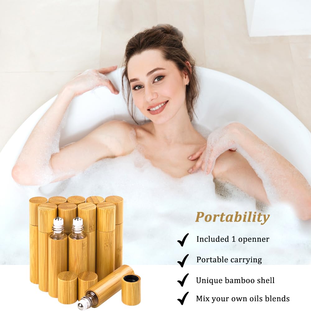 AUHOKY Lot de 12 flacons à bille en bambou de 10 ml pour huiles essentielles, flacon d'huile de massage portable avec bille roulante en acier inoxydable, respectueux de l'environnement, récipient pour
